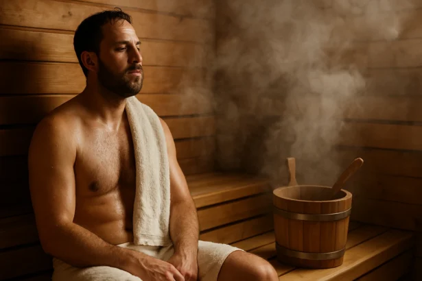 Muž relaxuje v fínskej saune s parou okolo neho