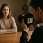 Fotograf zachytáva ženu na zábere pomocou digitálneho fotoaparátu.