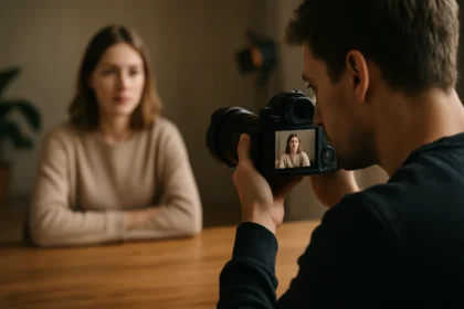 Fotograf zachytáva ženu na zábere pomocou digitálneho fotoaparátu.