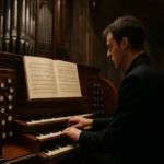 Muž hrá na chrámový organ v historickej budove.