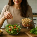 Žena pridáva cícer do zeleninového šalátu v kuchyni.