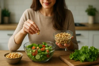 Žena pridáva cícer do zeleninového šalátu v kuchyni.