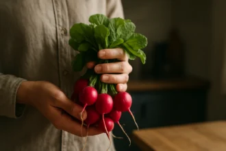 Čerstvá skupina červených reďkoviek s listami držanými v ruke.