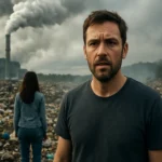 Muži a žena stoja na znečistenom území s dymom z komínov v pozadí.