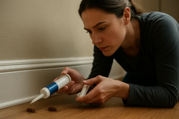 Žena aplikuje gél na likvidáciu švábov v domácnosti.
