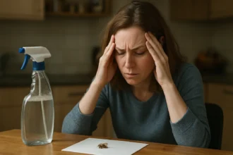 Žena so stresom pri pohľade na niečo na stole, vedľa fľaše s čistiacim prostriedkom.