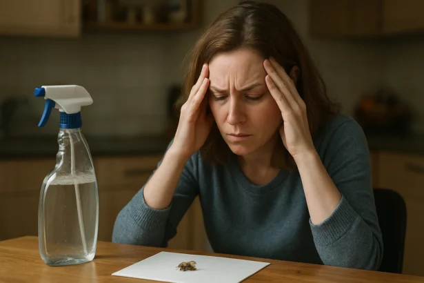 Žena so stresom pri pohľade na niečo na stole, vedľa fľaše s čistiacim prostriedkom.