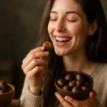 Žena sa úsmevom vychutnáva gaštanovú bombu v drevenej mise.