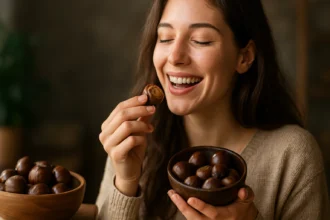 Žena sa úsmevom vychutnáva gaštanovú bombu v drevenej mise.