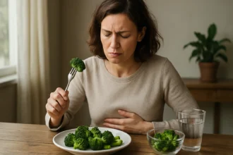 Žena s brokolicou, ktorá sa cíti nepríjemne pri jedle.