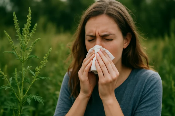 Žena trpiaca alergiou na ambróziu, čistí si nos v prírode.