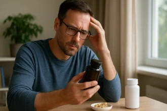 Muž prezerajúci fľašu doplnkov stravy GinkoPrim Max pri stole.