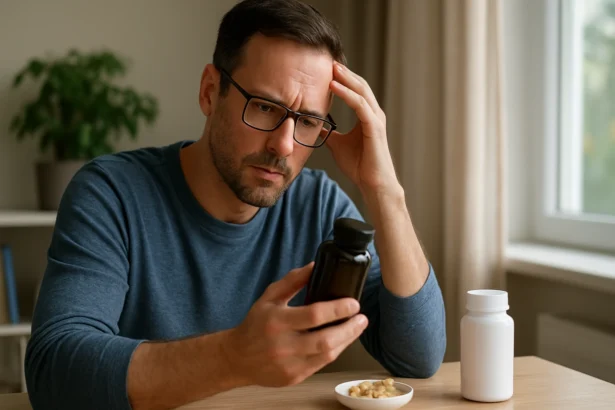 Muž prezerajúci fľašu doplnkov stravy GinkoPrim Max pri stole.