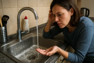 Žena sa obáva o tvrdosť vody v domácnosti, stojí pri umývadle.