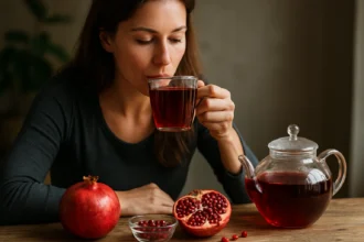 Žena pije granátové jablko čaj z sklenenej šálky s granátovým jablkom v pozadí.