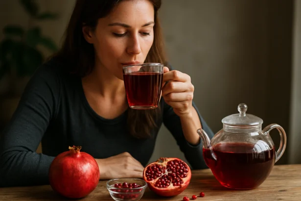 Žena pije granátové jablko čaj z sklenenej šálky s granátovým jablkom v pozadí.