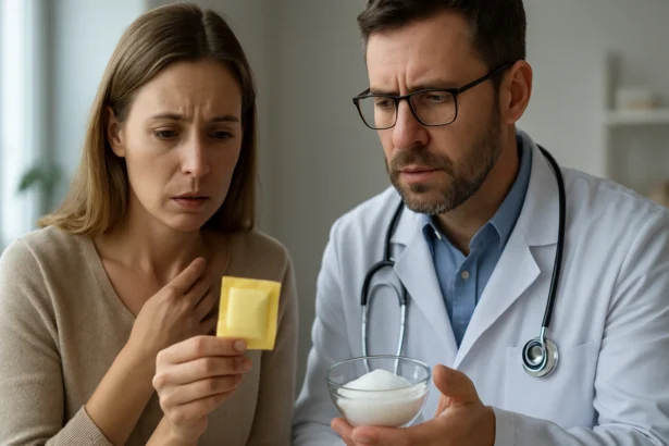 Lekár a pacientka diskutujú o sacharíne a jeho zdravotných rizikách.