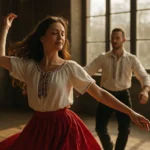 Dvojica tancujúcich v tradičných krojoch oslavuje ľudový tanec.