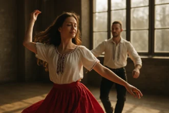 Dvojica tancujúcich v tradičných krojoch oslavuje ľudový tanec.