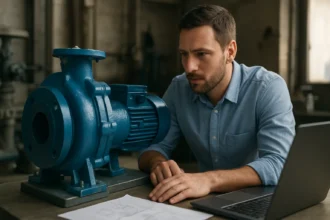 Muž analyzujúci axiálne čerpadlo v priemyselnom prostredí.