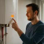 Muž nastavuje elektrický kotol v domácnosti pre úsporu energie.