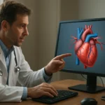 Lekár ukazuje na 3D model srdca na obrazovke počítača.