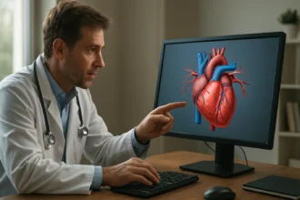 Lekár ukazuje na 3D model srdca na obrazovke počítača.