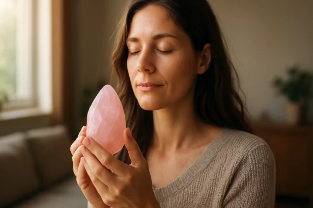 Žena drží ružový kremeň a vyjadruje pokoja a lásky.