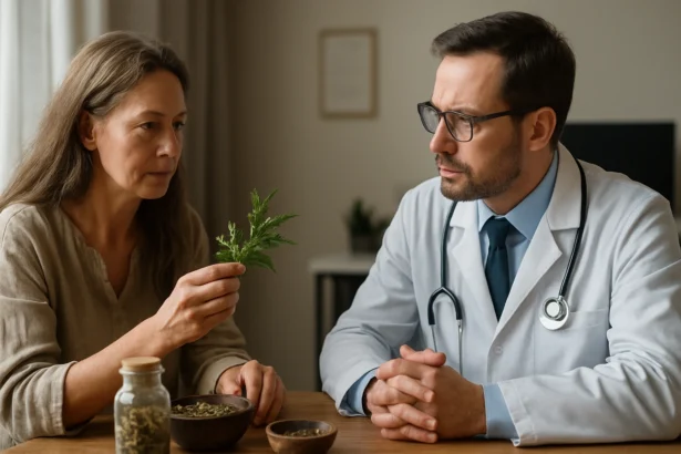 Žena prednáša prírodné liečebné metódy lekárovi