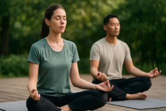 Pár cvičiacich medituje na podložkách v prírode.