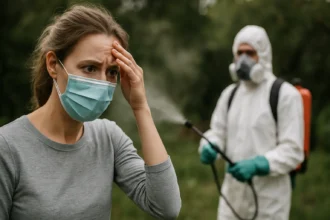 Žena s maskou a obavy z ohrozenia zdravia pri spracovaní lambda-cyhalotrínu.