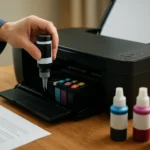 Osoba dopĺňajúca atrament do tlačiarne na drevenom stole