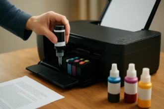 Osoba dopĺňajúca atrament do tlačiarne na drevenom stole