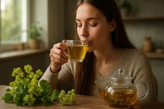 Žena si vychutnáva čaj z alchemilky na drevenom stole