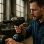 Muži používajúcemu rázový uťahovák v dielni.