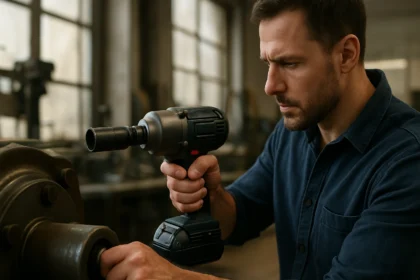 Muži používajúcemu rázový uťahovák v dielni.