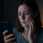 Žena sa pozerá na mobil s obavami o pokožku po modrom svetle.