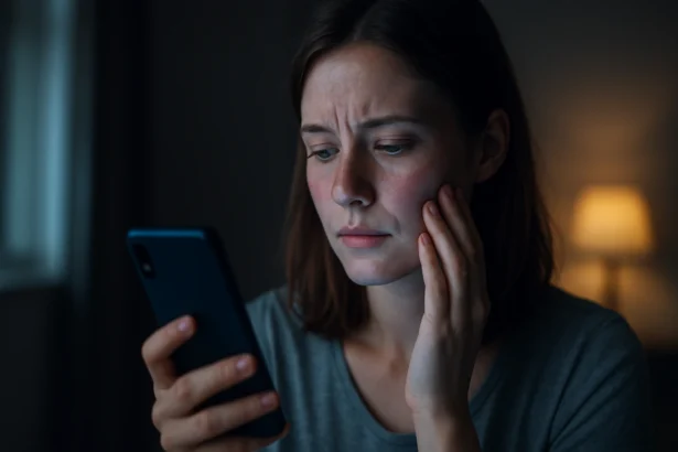 Žena sa pozerá na mobil s obavami o pokožku po modrom svetle.