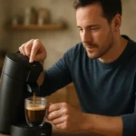 Muž pripravuje kávu pomocou kávovaru Senseo.