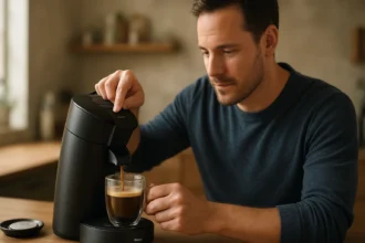 Muž pripravuje kávu pomocou kávovaru Senseo.
