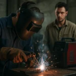 Technik vykonáva invertorové zváranie s použitím moderného zariadenia