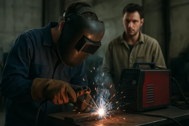 Technik vykonáva invertorové zváranie s použitím moderného zariadenia