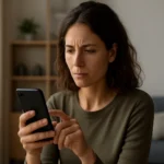 Žena používajúca smartfón a premýšľajúca o funkcii I feel