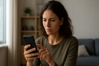 Žena používajúca smartfón a premýšľajúca o funkcii I feel