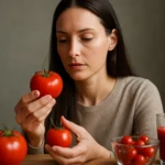 Žena skúma čerstvé červené paradajky a paradajkový džús.