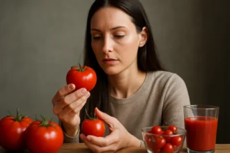 Žena skúma čerstvé červené paradajky a paradajkový džús.