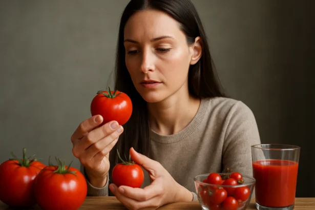 Žena skúma čerstvé červené paradajky a paradajkový džús.