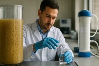 Laborant pracujúci s ionomeničovými živicami na čistenie vody