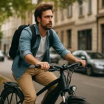 Muž jazdiaci na elektrickom bicykli v mestskom prostredí