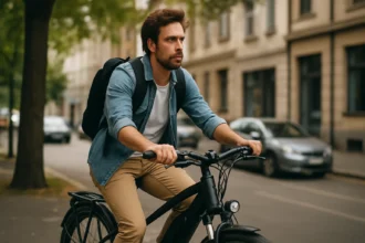 Muž jazdiaci na elektrickom bicykli v mestskom prostredí